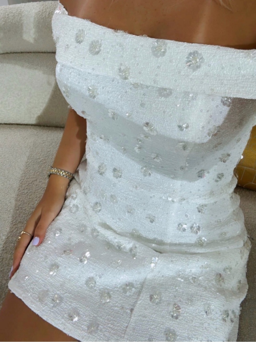 White beaded Off the shoulder mini dress